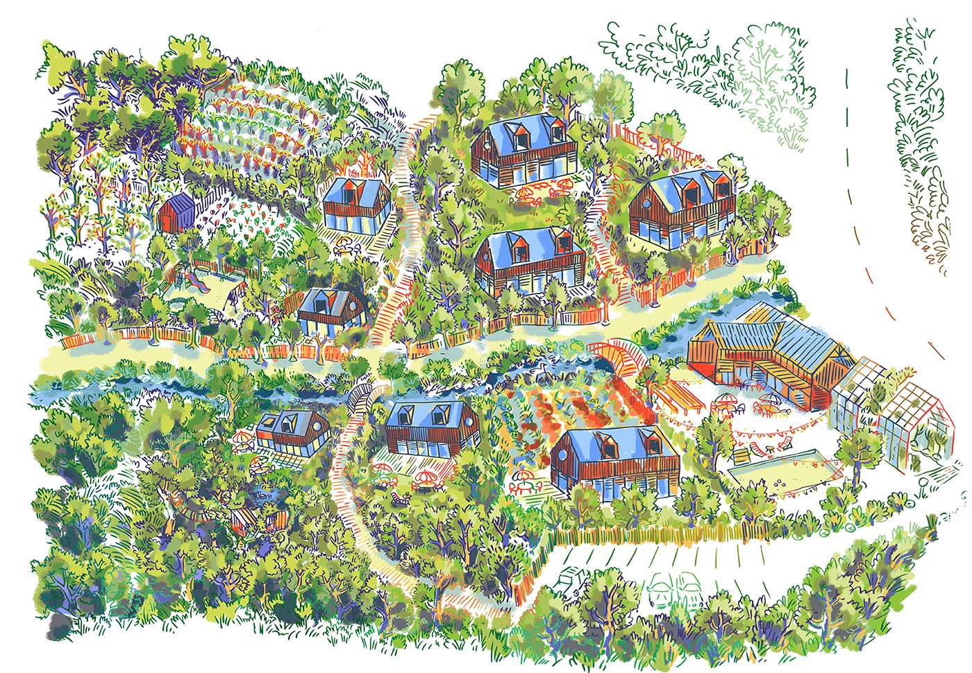 Le Hameau des Montgolfier (c) illustration réalisée par Eve Coston